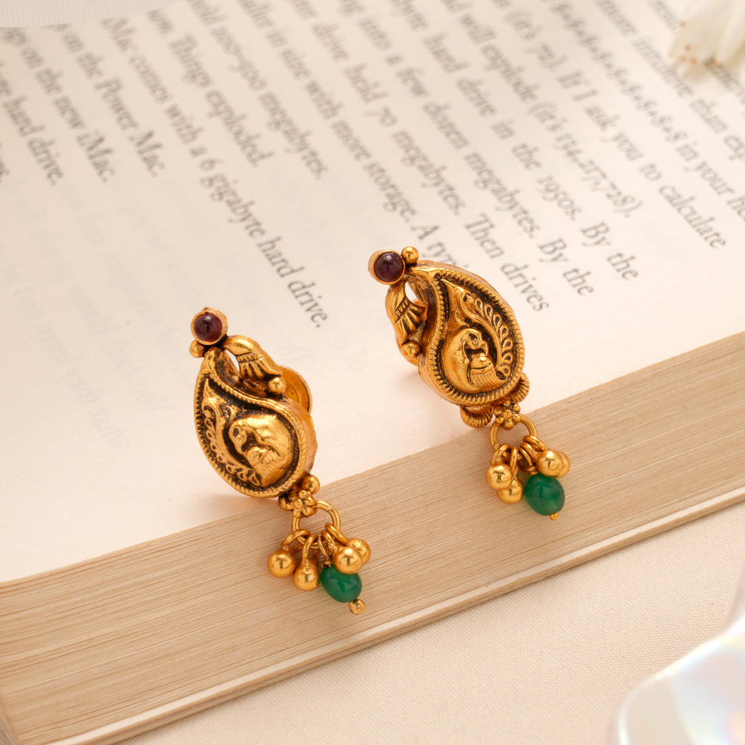 Lakshmi Ruby Green Drop Temple Silver Stud