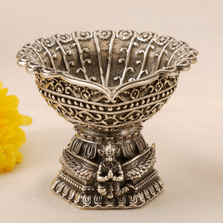 Deepak with Garud Carving Silver Idol