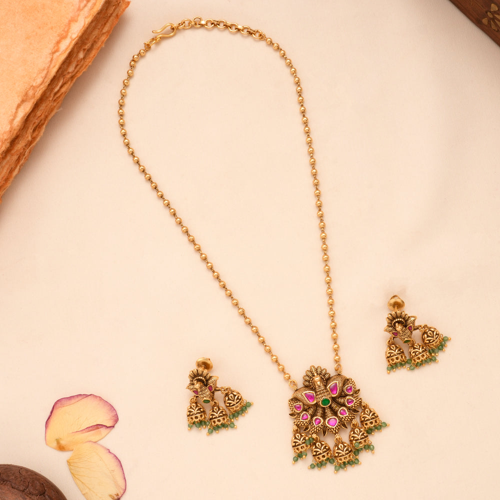Antique Golden Temple Ruby Peacock Necklace Set