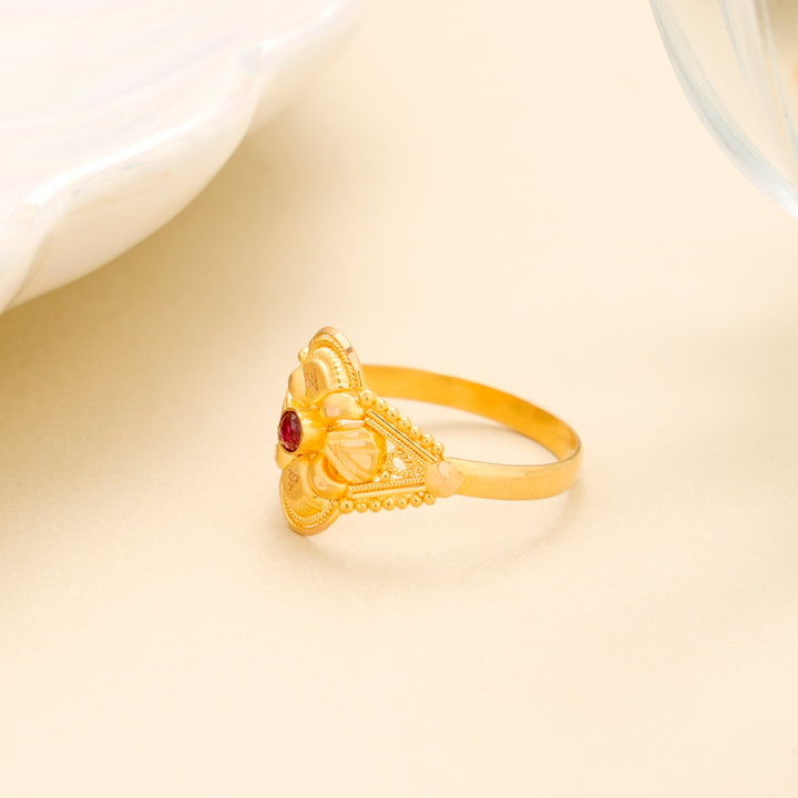 Minimal Ruby Stone with Floral Gold Ring