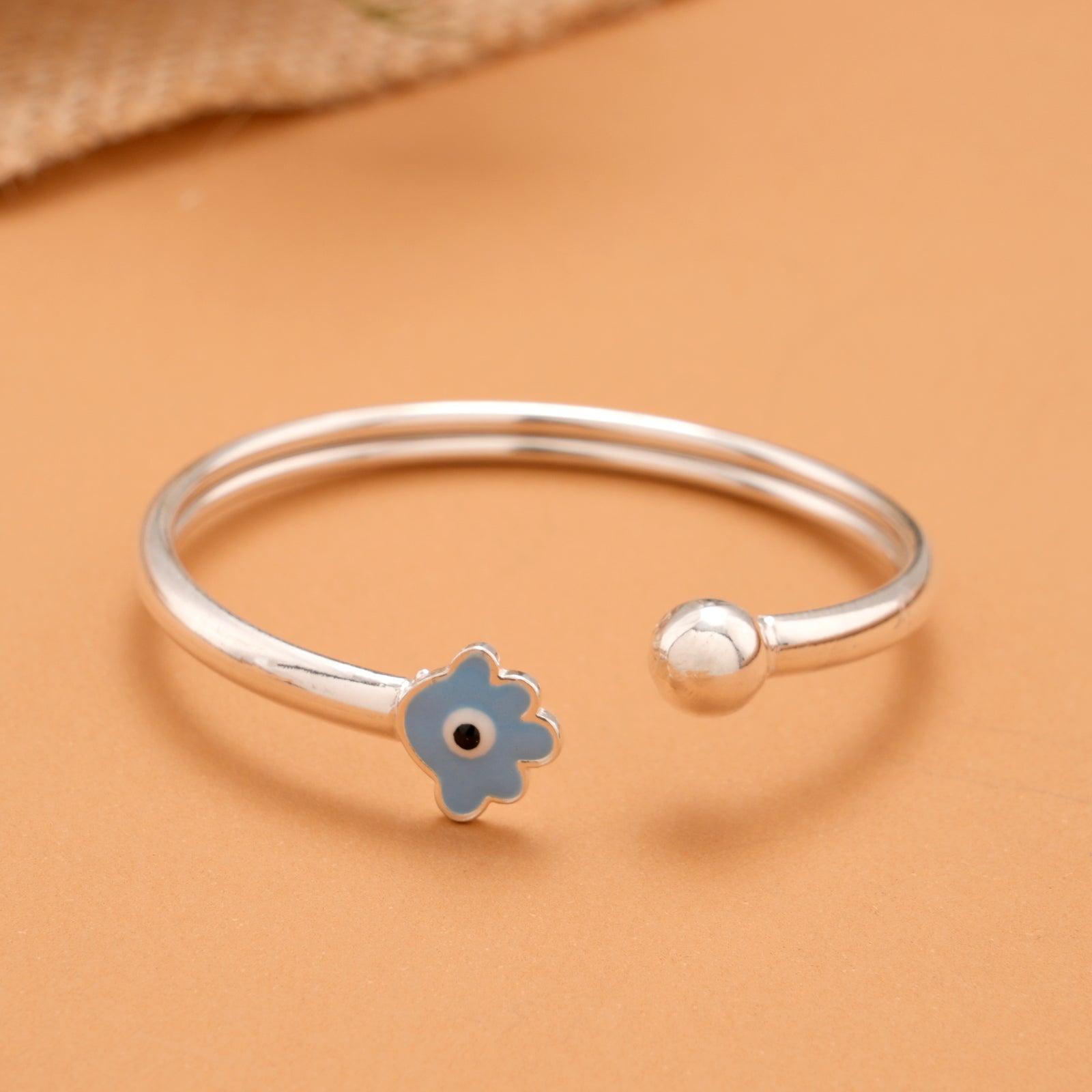 Blue Flower Evil Eye Baby Silver Bangle