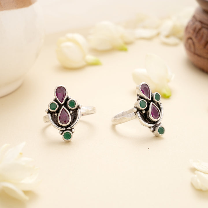 Temple Ruby Emerald Drop Silver Toe Ring