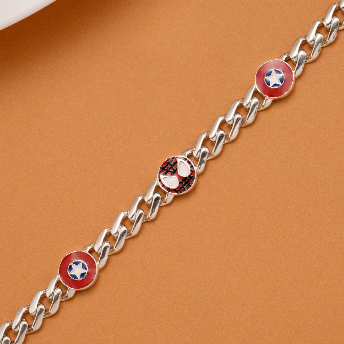 Star Shield and Spider Mask Silver Kids Bracelet