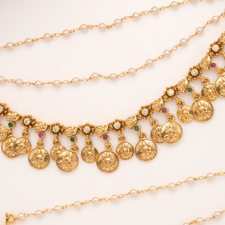 Floral Two Layer Drops Coin Lakshmi Golden Mattal