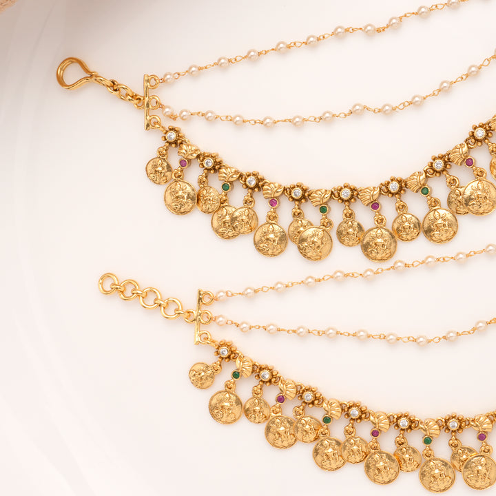 Floral Two Layer Drops Coin Lakshmi Golden Mattal