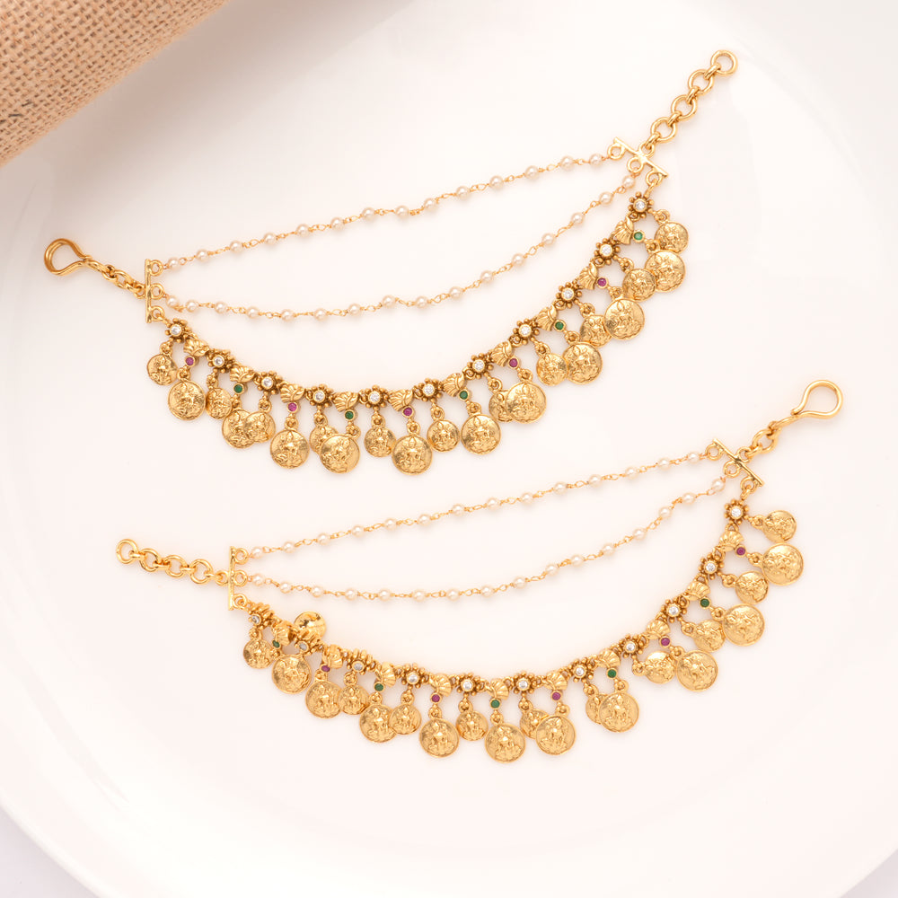 Floral Two Layer Drops Coin Lakshmi Golden Mattal