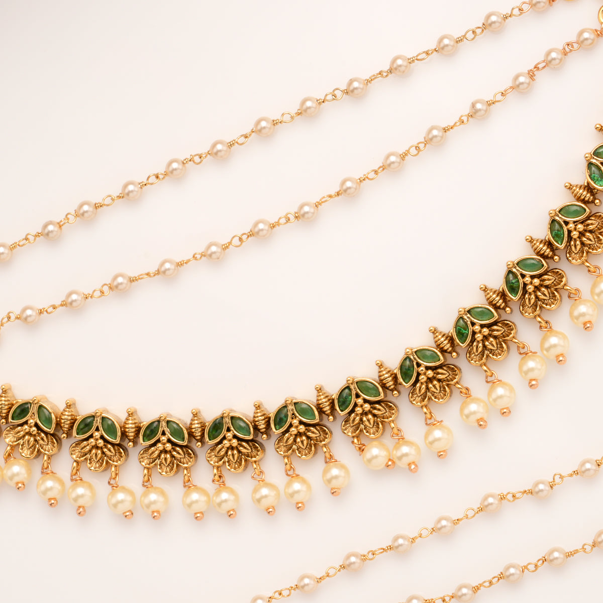 Elegant Green Leaf Pearl Drops Pearl Layer Golden Mattal