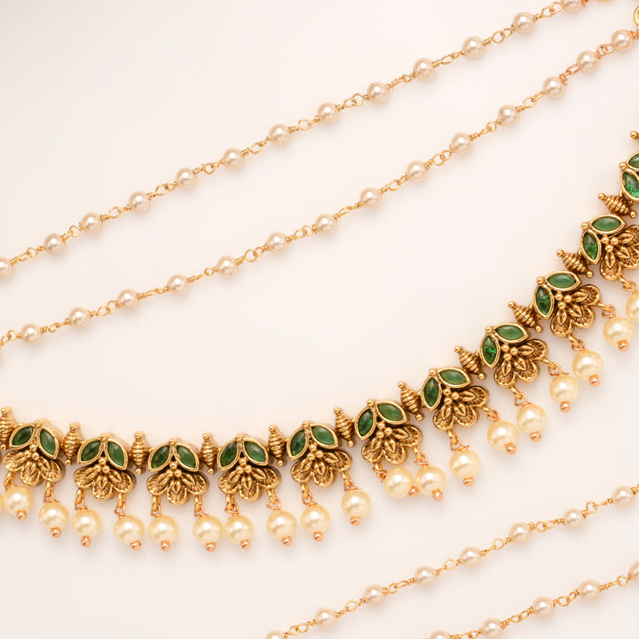 Elegant Green Leaf Pearl Drops Pearl Layer Golden Mattal