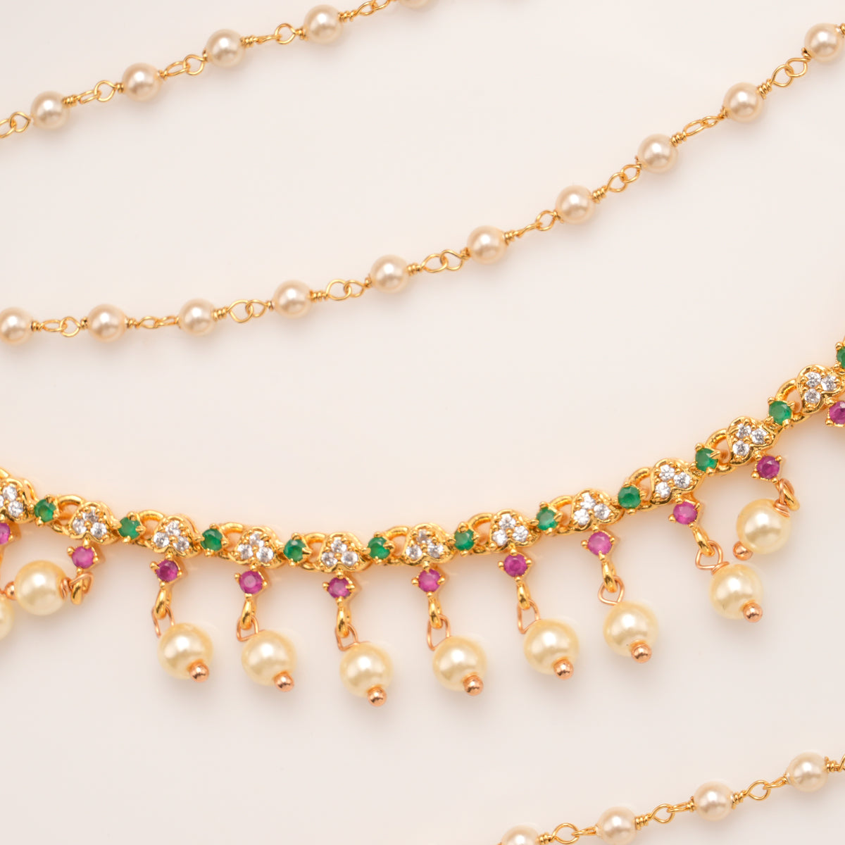 Three Colour Stone Pearl Drops Layer Golden Mattal