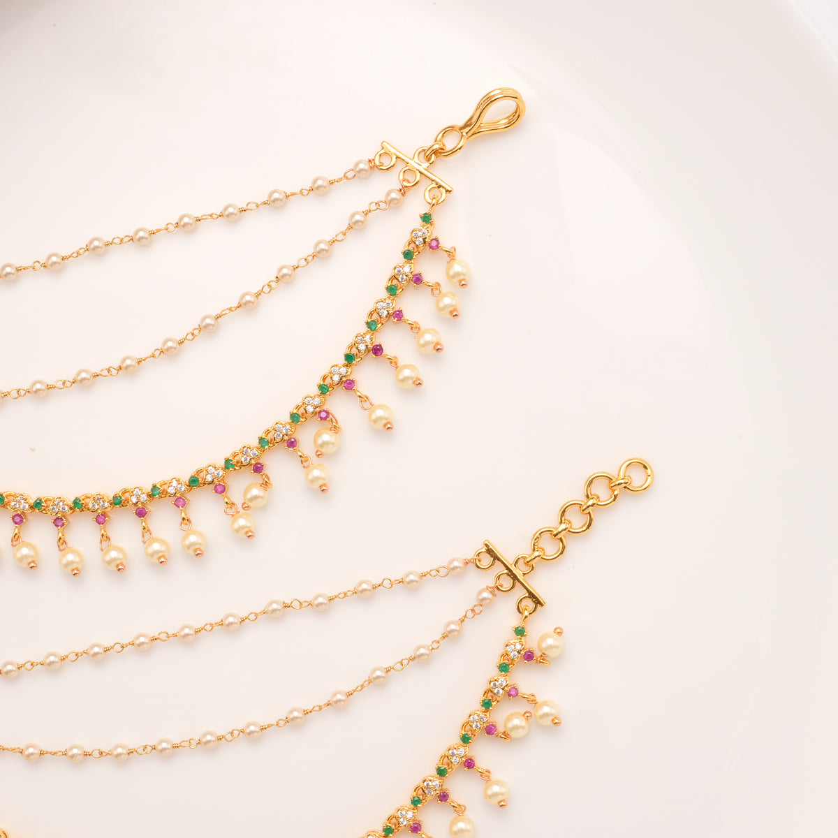 Three Colour Stone Pearl Drops Layer Golden Mattal