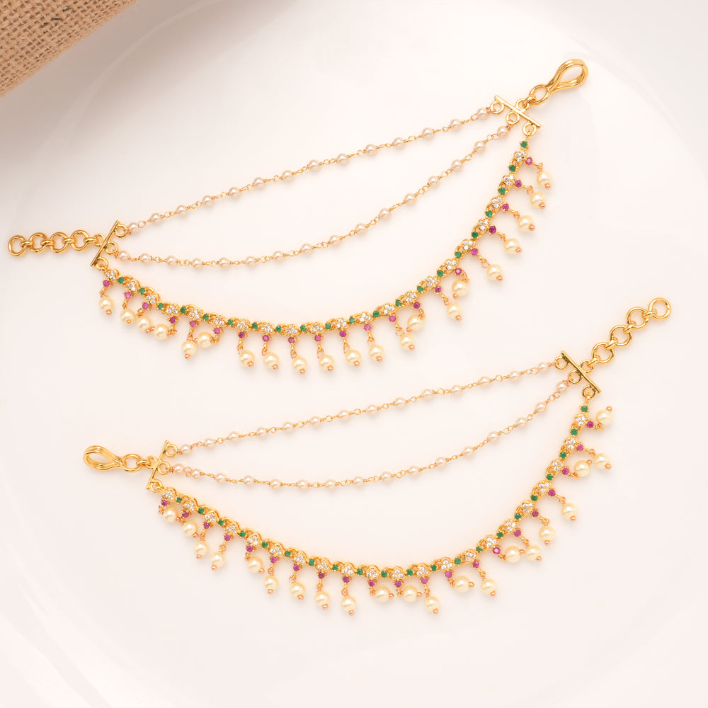Three Colour Stone Pearl Drops Layer Golden Mattal