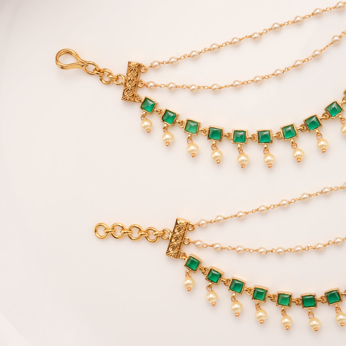 Classic Green Stone With Pearl Drops Golden Mattal