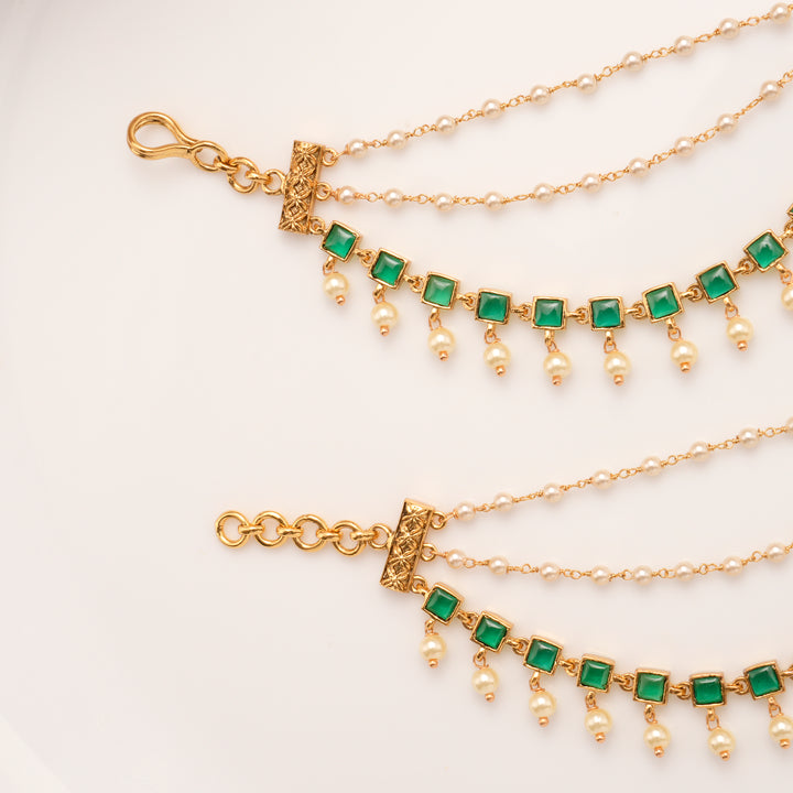 Classic Green Stone With Pearl Drops Golden Mattal