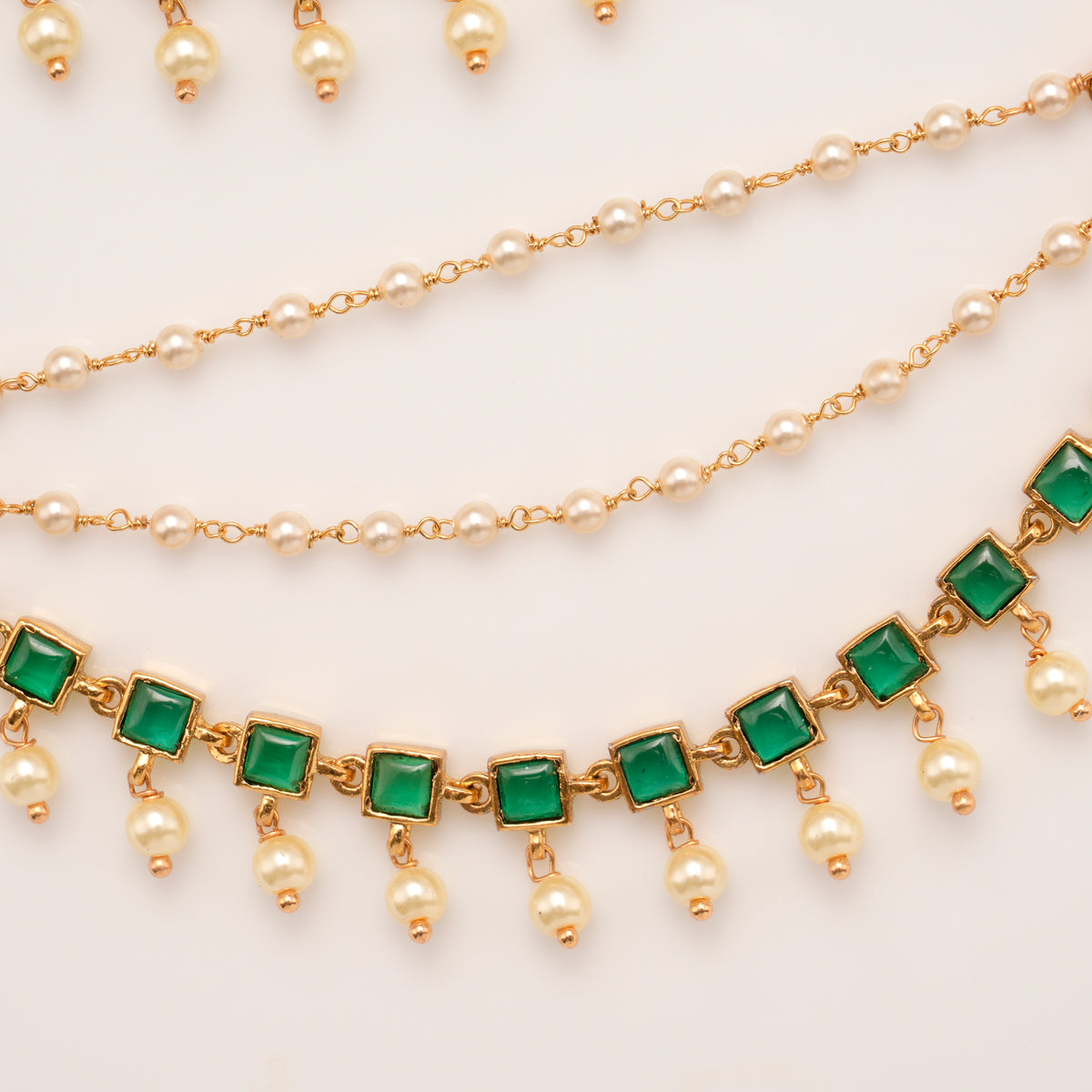 Classic Green Stone With Pearl Drops Golden Mattal