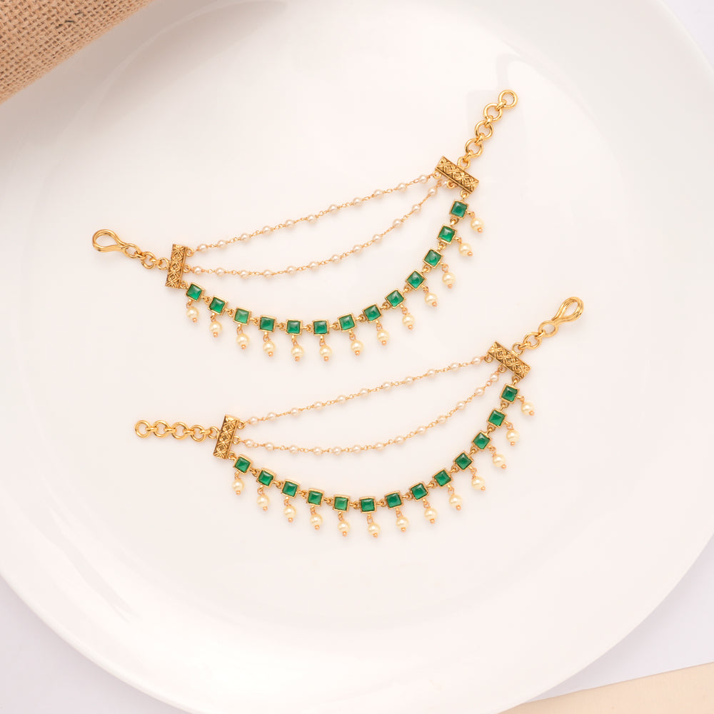 Classic Green Stone With Pearl Drops Golden Mattal