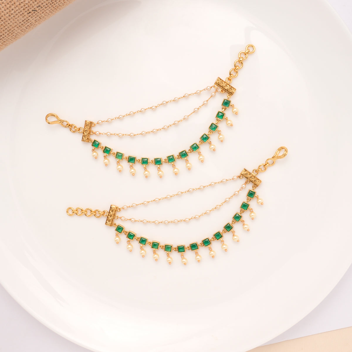 Classic Green Stone With Pearl Drops Golden Mattal