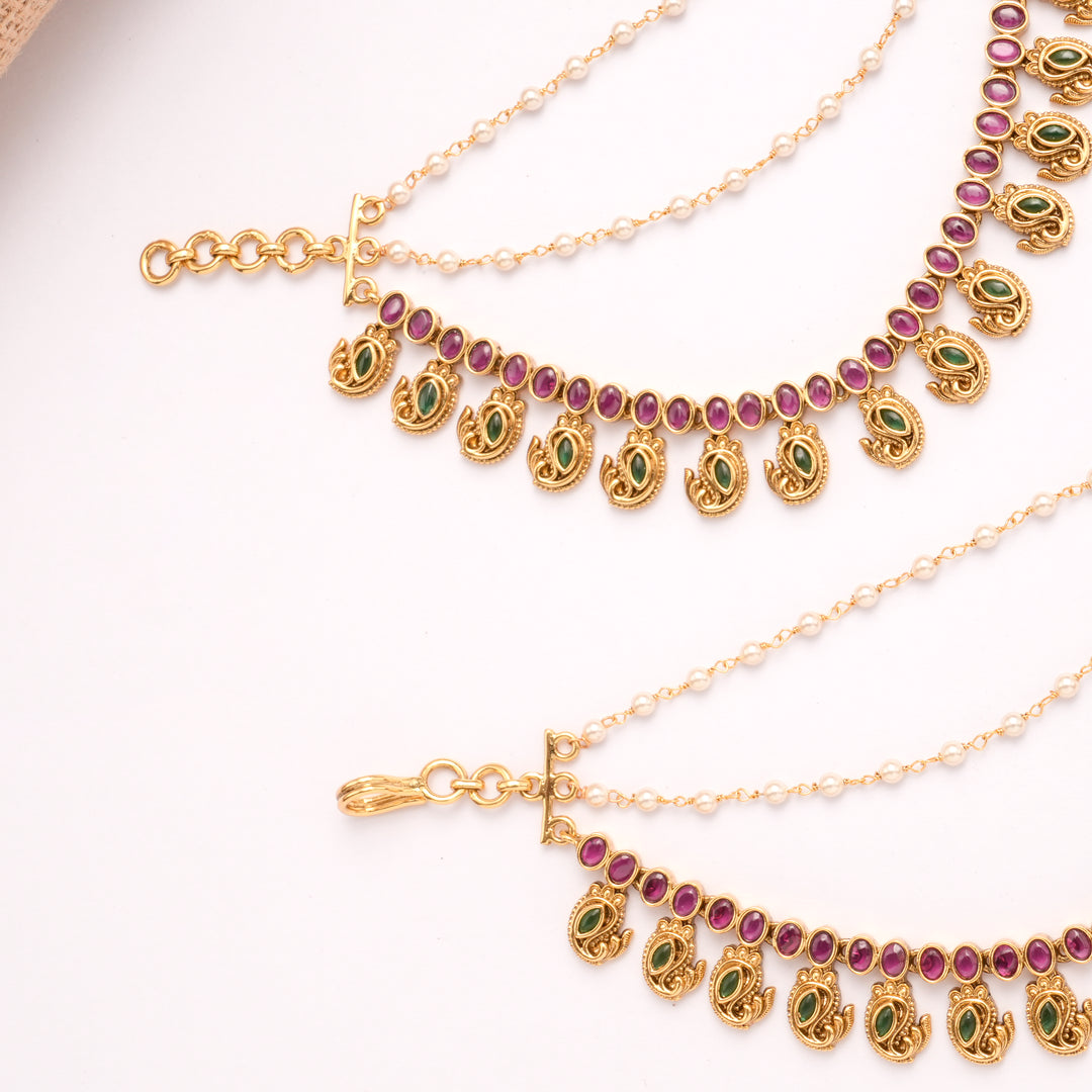 Elegant Emerald Mango Ruby Stone Golden Mattal