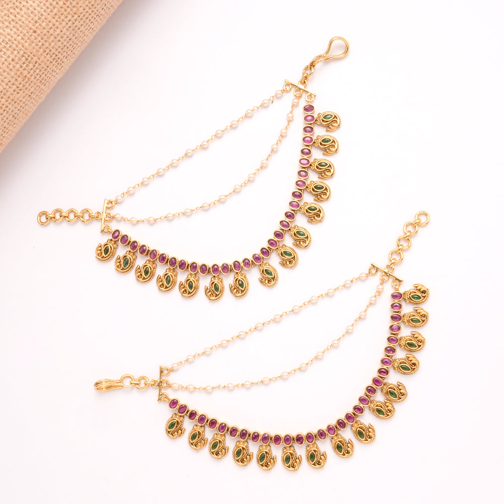 Elegant Emerald Mango Ruby Stone Golden Mattal