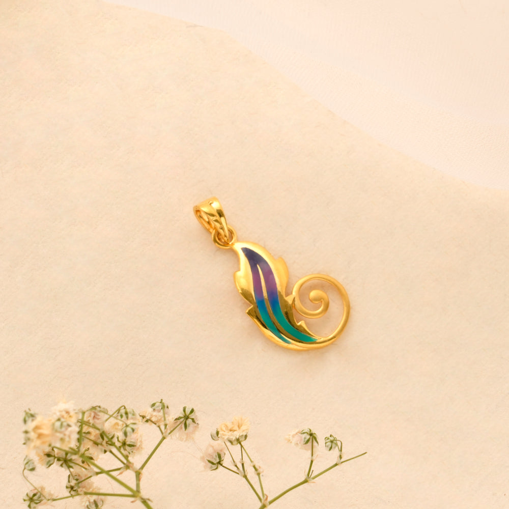 Violet Enamel Feather Golden Pendant