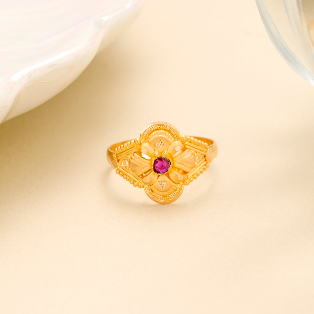 Minimal Ruby Stone with Floral Gold Ring