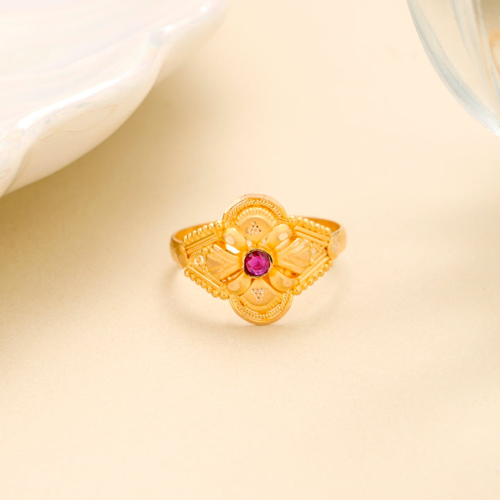 Minimal Ruby Stone with Floral Gold Ring
