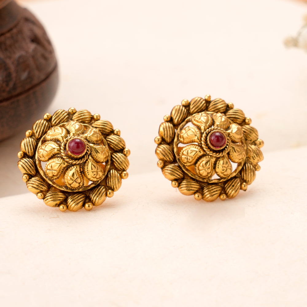 Antique Ruby Floral Kundan Stud