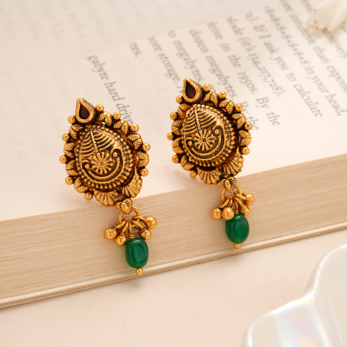 Temple Paisley Ruby Green Drop Gold Plated Stud