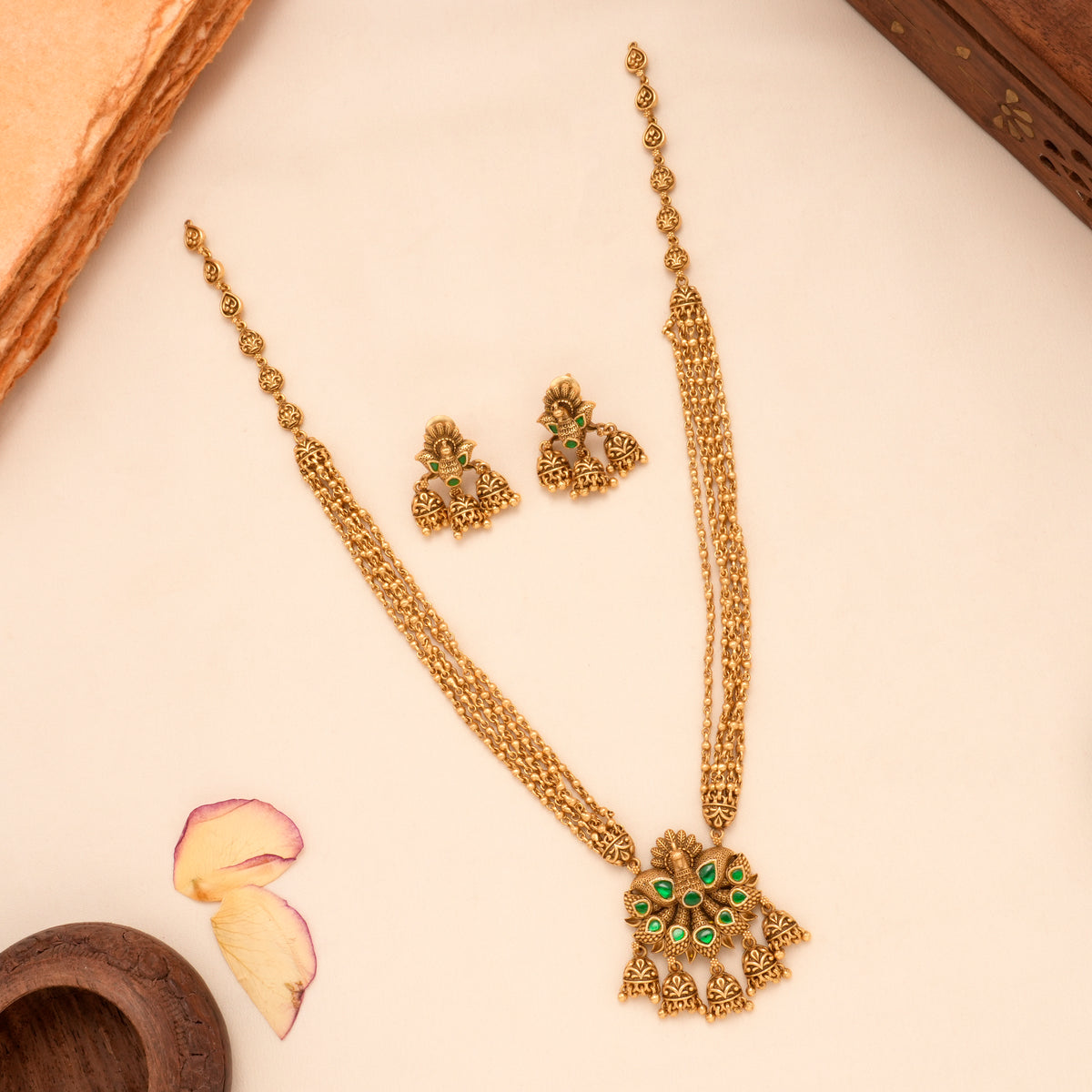 Antique Golden Emerald Peacock Pendant Necklace Set