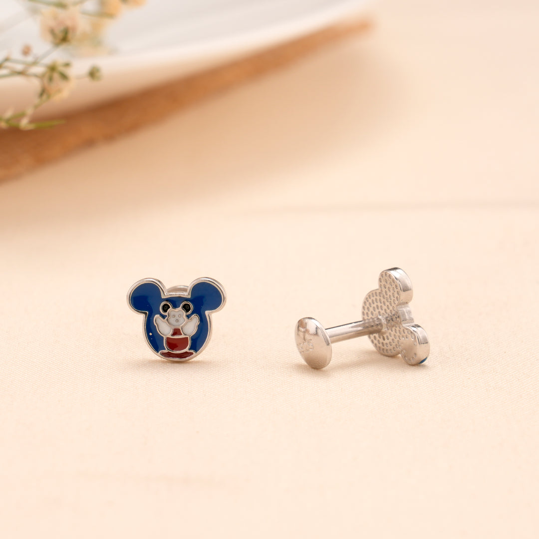 Blue Cartoon Mouse Silver Stud