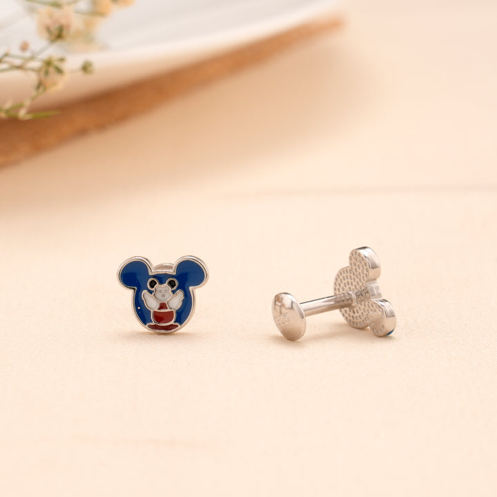 Blue Cartoon Mouse Silver Stud