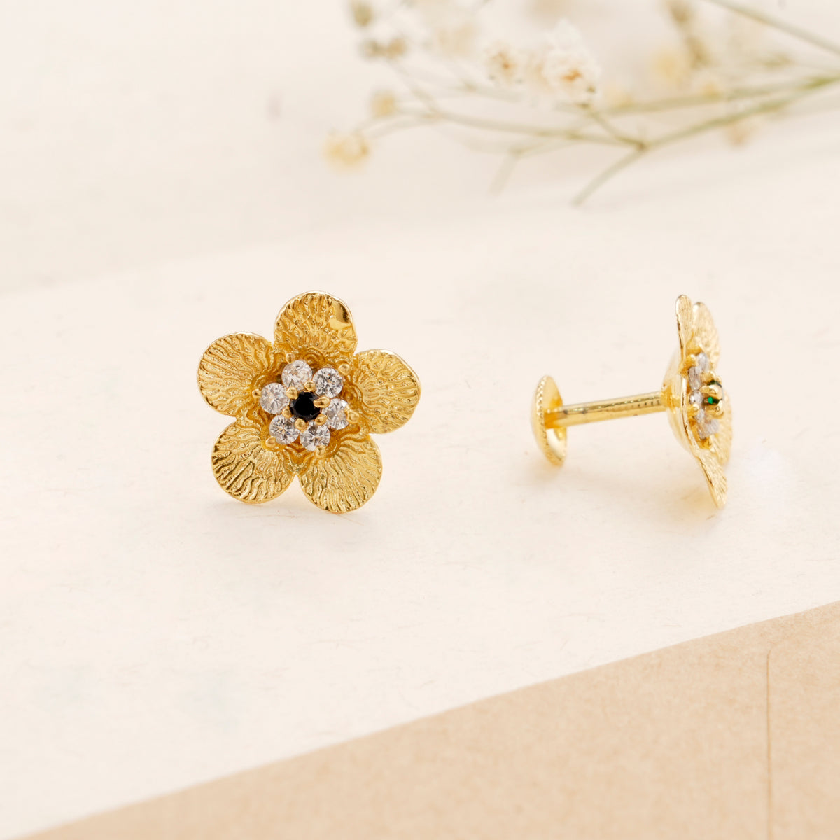 Blooming Flower White Stone Golden Stud