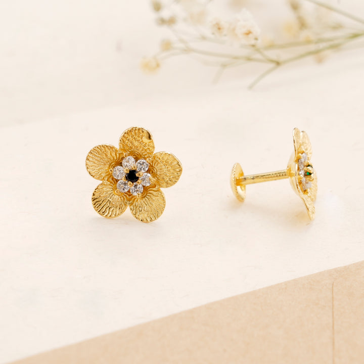 Blooming Flower White Stone Golden Stud