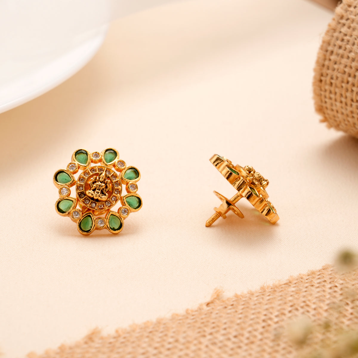 Elegant Emerald Lakshmi Circular Golden Stud