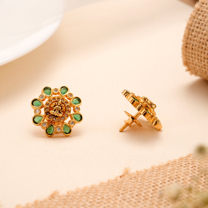 Elegant Emerald Lakshmi Circular Golden Stud