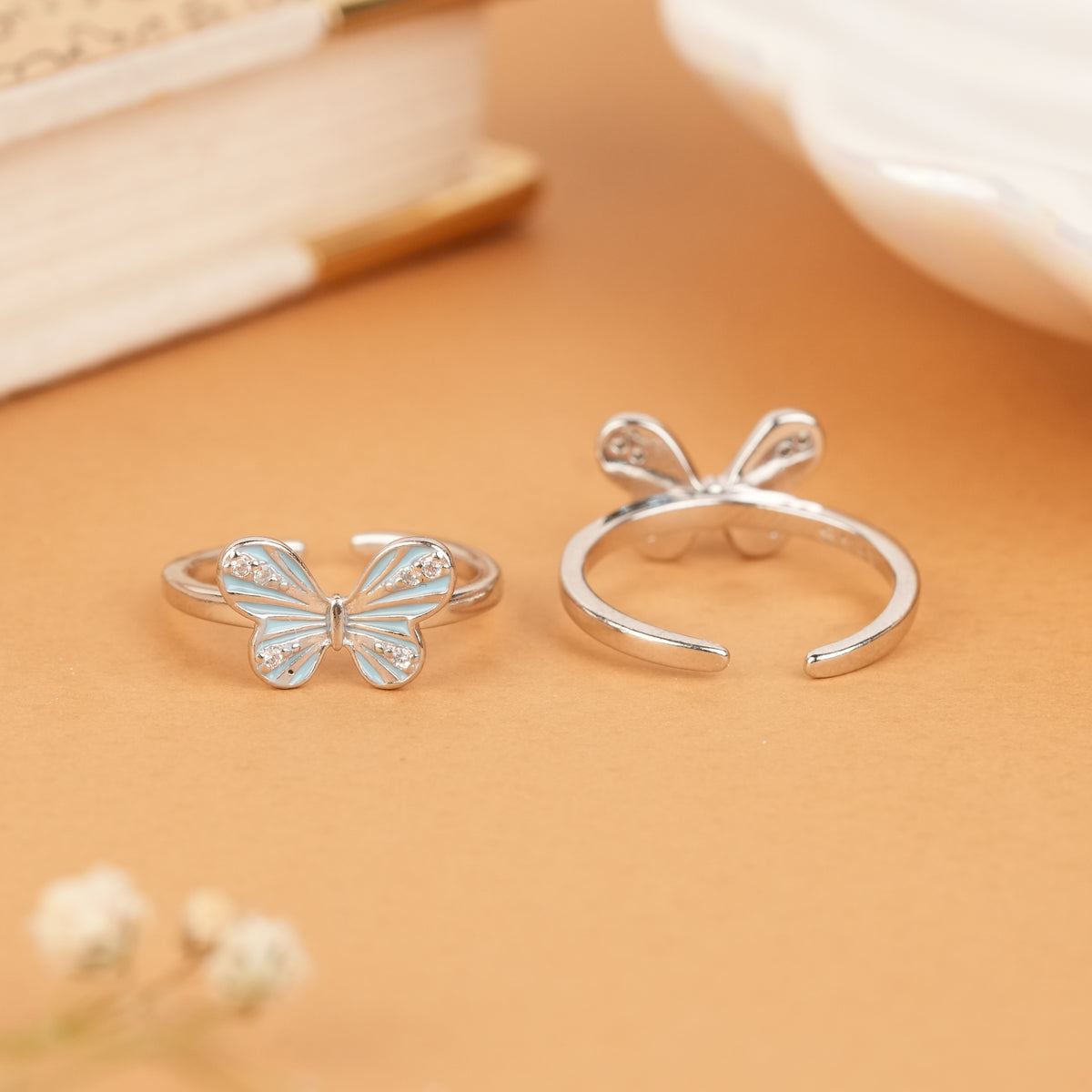 Minimal Blue Enamel Butterfly Silver Toe Ring