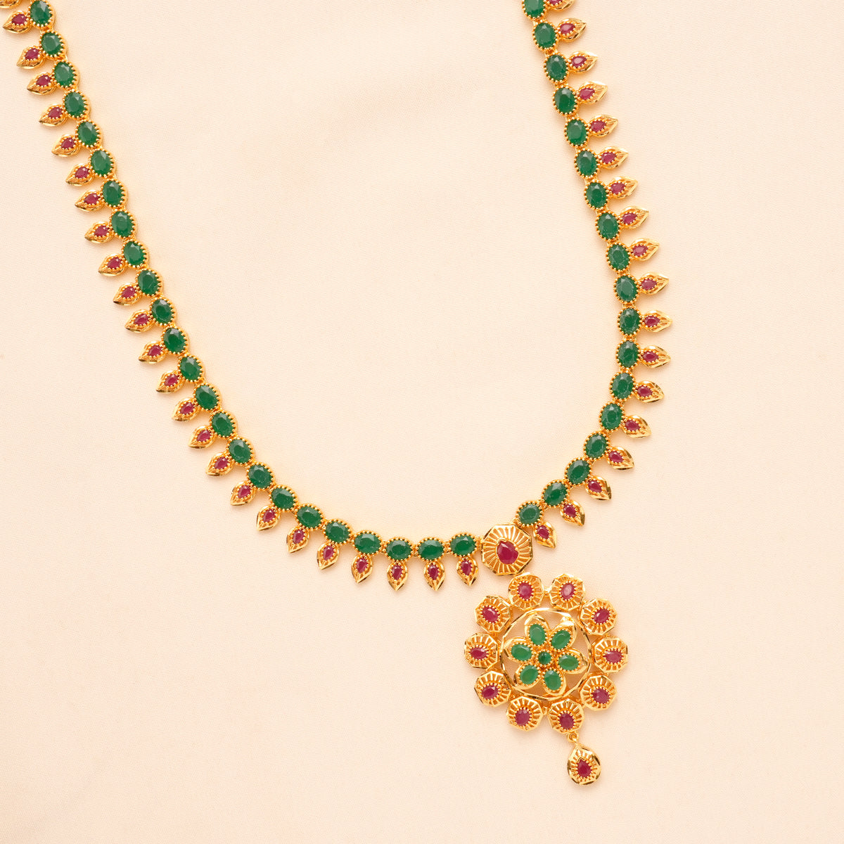 Emerald Ruby Twin Line Silver Necklace Set