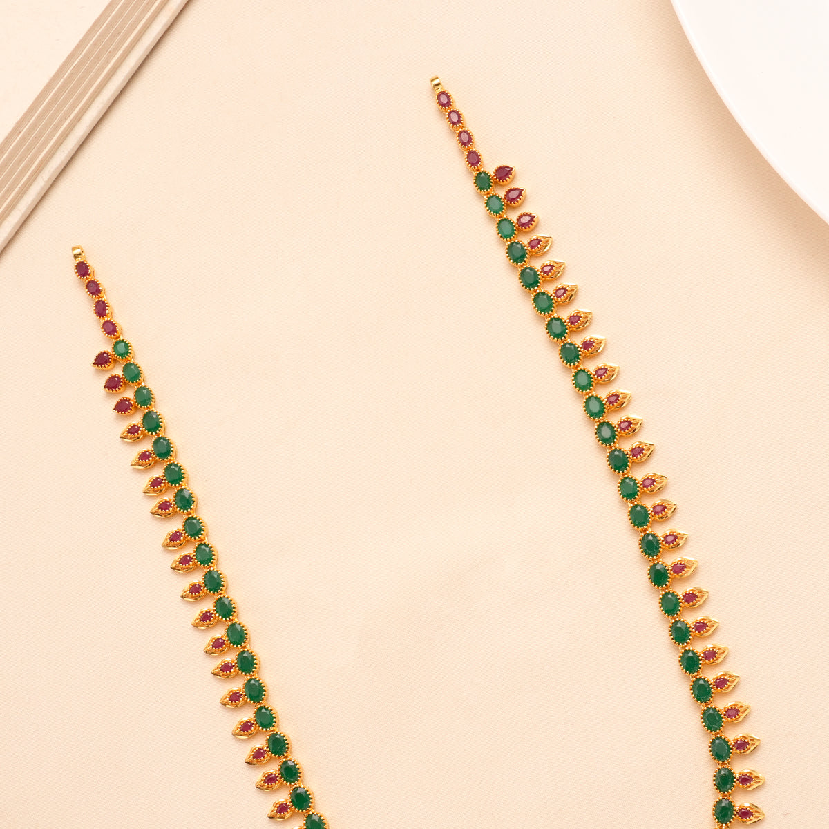 Emerald Ruby Twin Line Silver Necklace Set