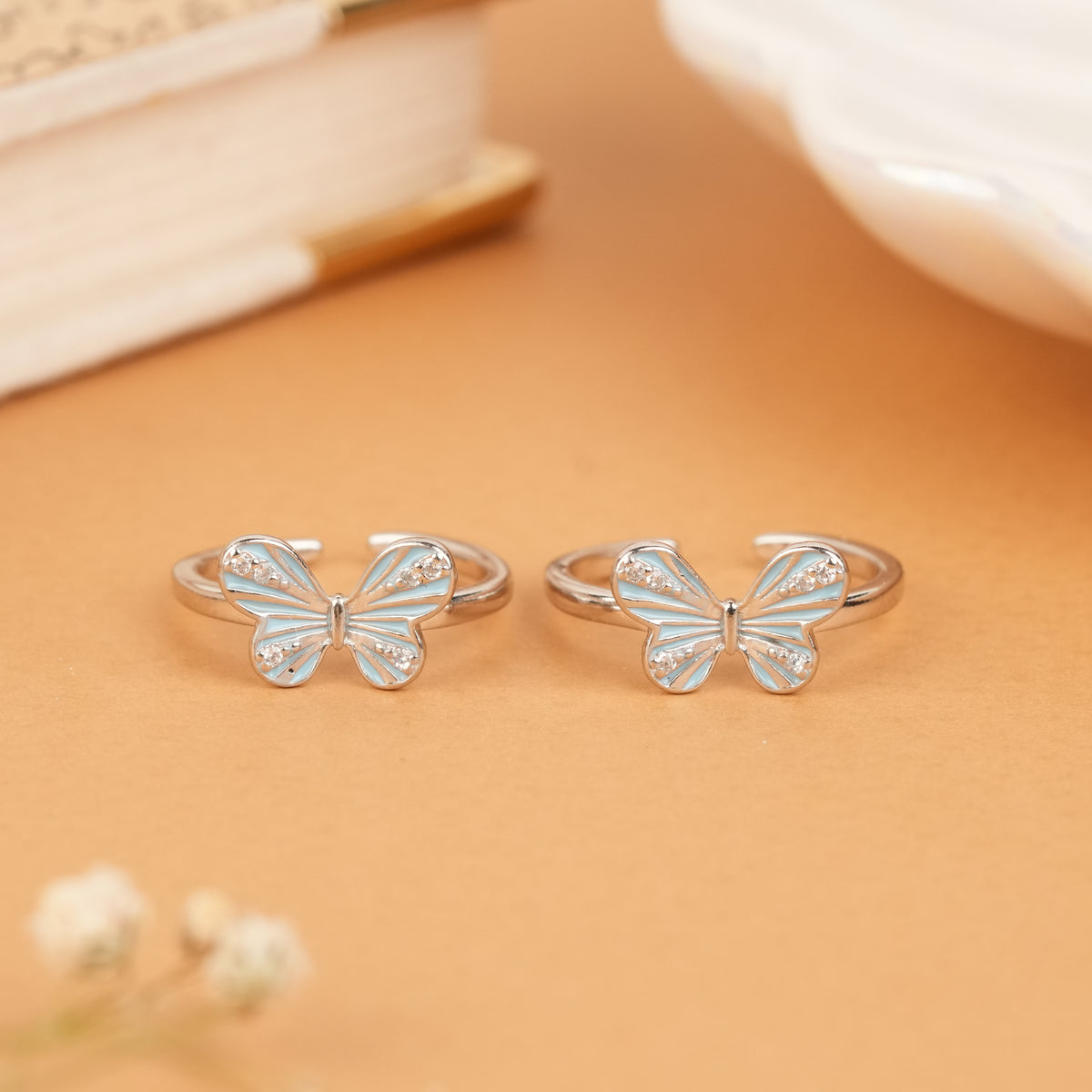 Minimal Blue Enamel Butterfly Silver Toe Ring