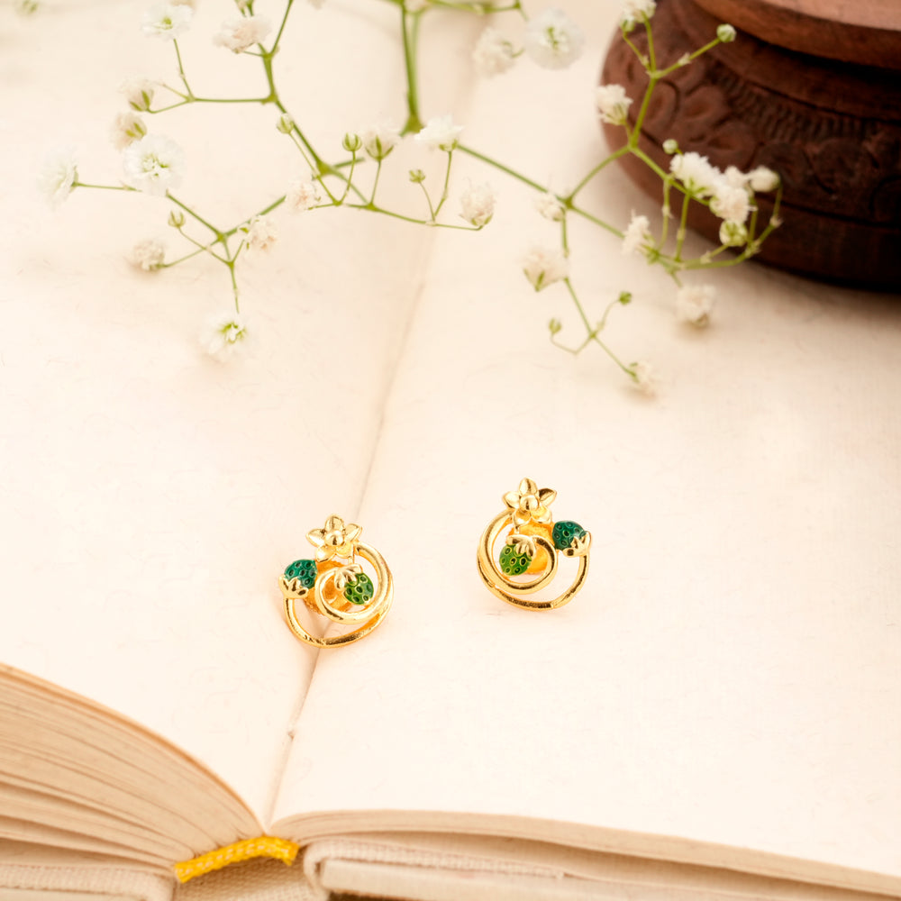 Blossom and Leaf Enamel Golden Stud