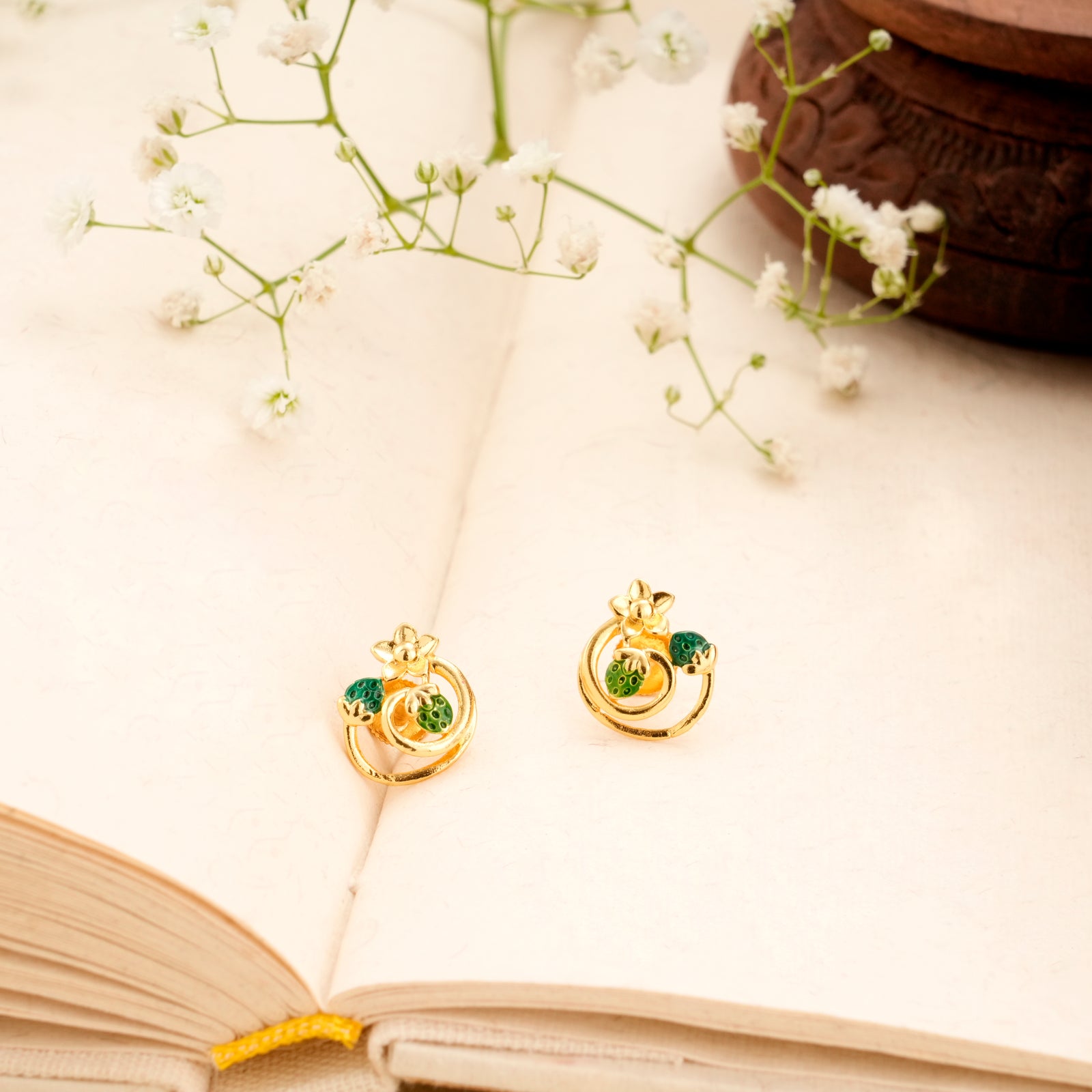Blossom and Leaf Enamel Golden Stud
