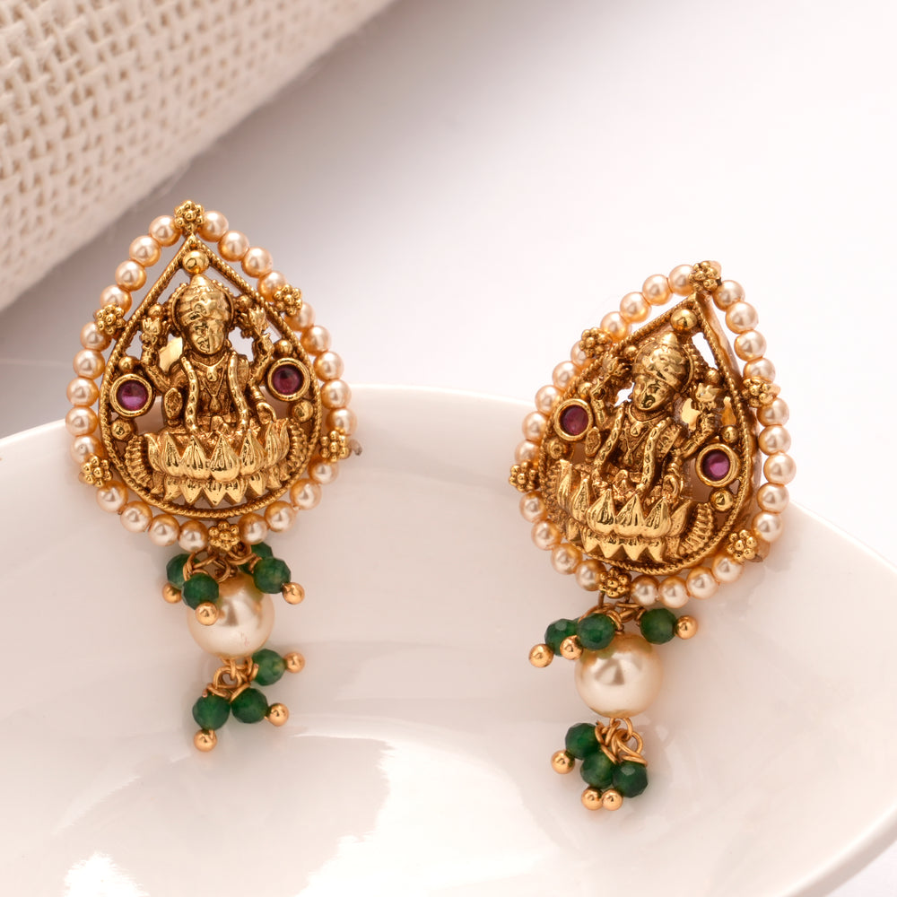 Divine Lakshmi Pearl Green Beads Golden Earrings