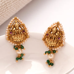 Divine Lakshmi Pearl Green Beads Golden Earrings