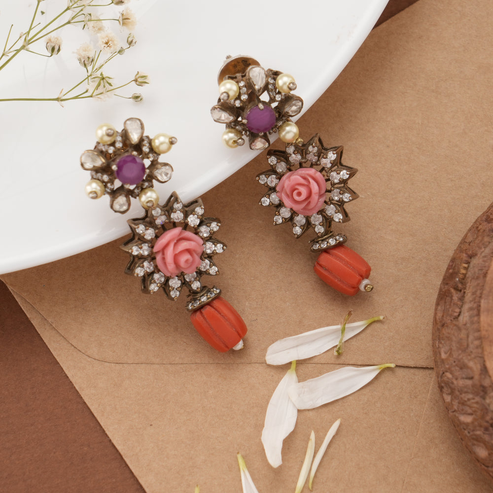 Multi Stone with Floral Design Earrings