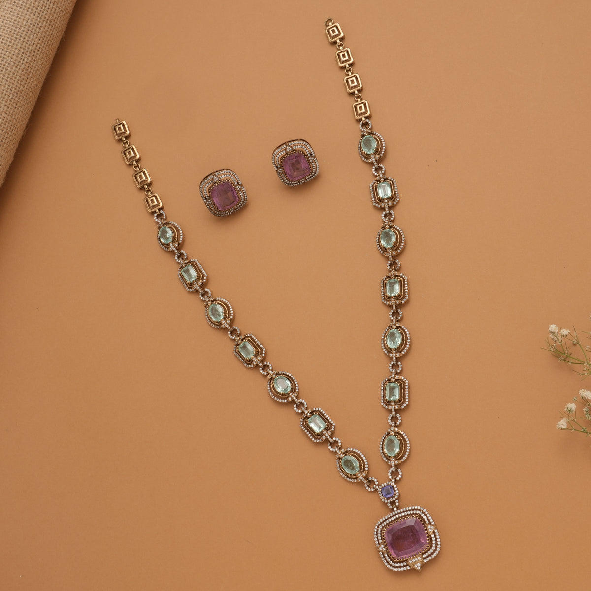Modern Multi Stone Golden Necklace Set