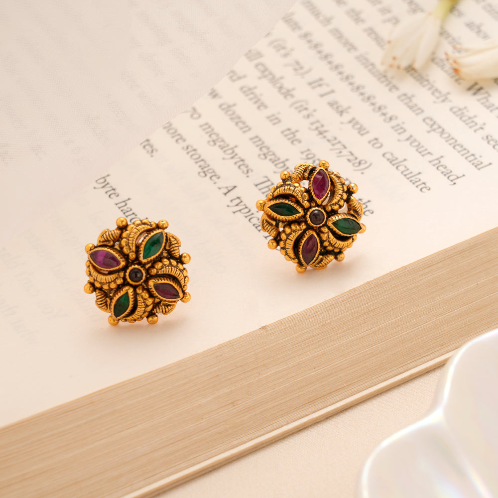 Floral Antique Silver Golden Kundan Stud