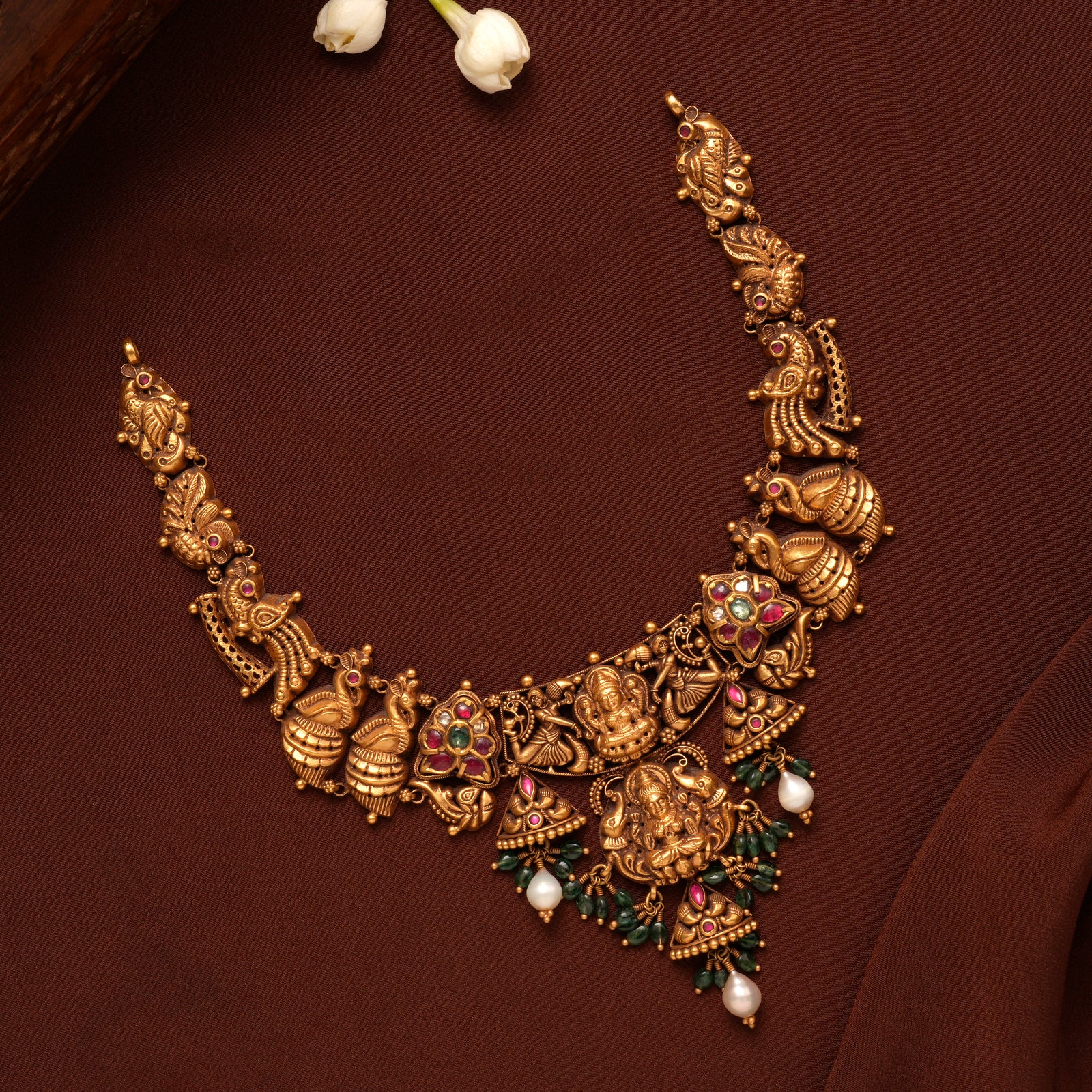 Goddess Gold Lakshmi with Emerald Beads Necklace