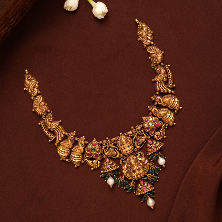 Goddess Gold Lakshmi with Emerald Beads Necklace