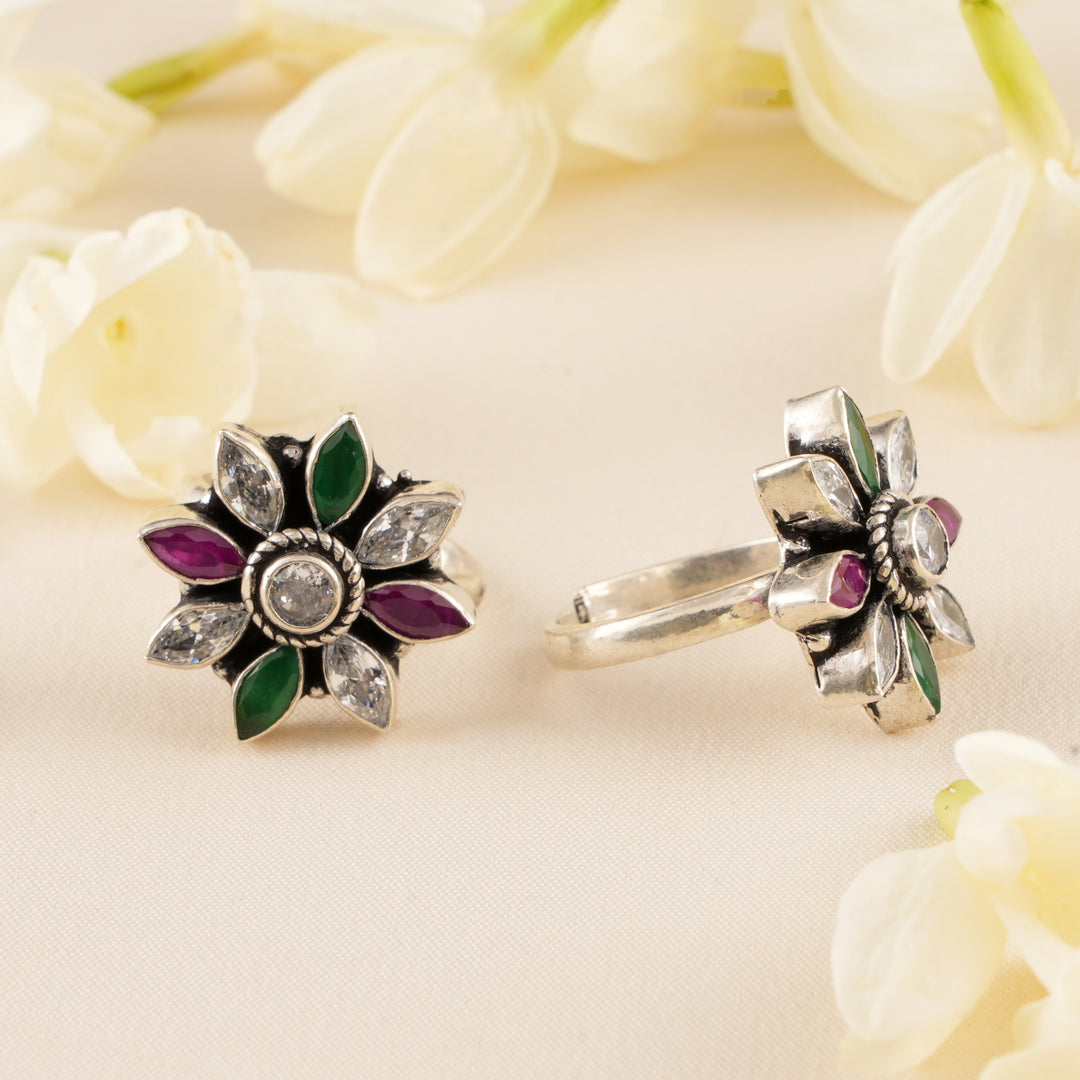 Antique Ruby Blossom Emerald Silver Toe Ring