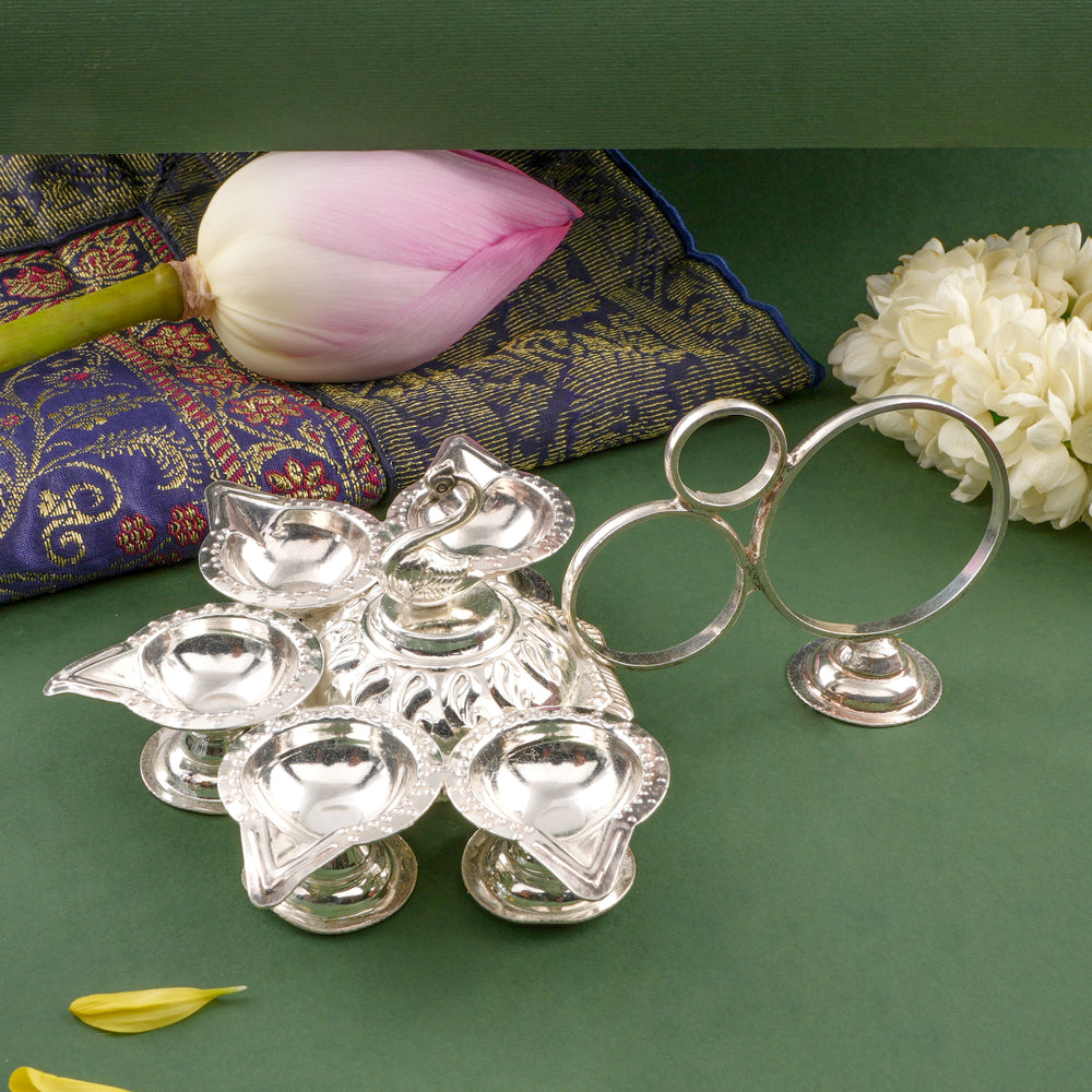 Peacock Design Silver Aarti Lamp