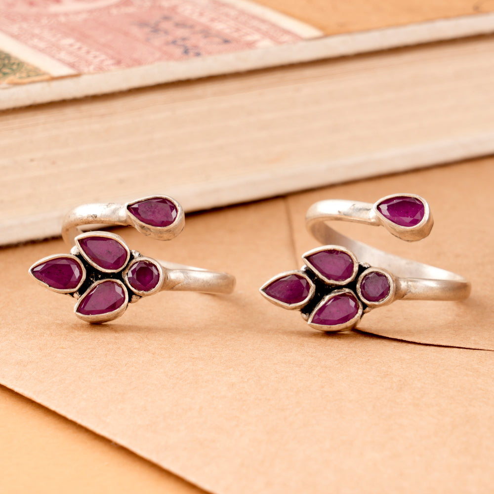 Floral Ruby Tear Drop Silver Toe Ring